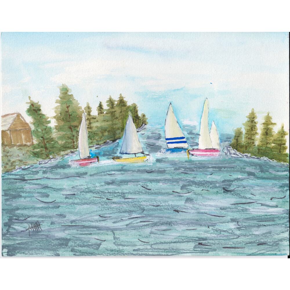 Original Sailboats Watercolor Painting on Paper- "Traffic Jam" signed 9" x 7"